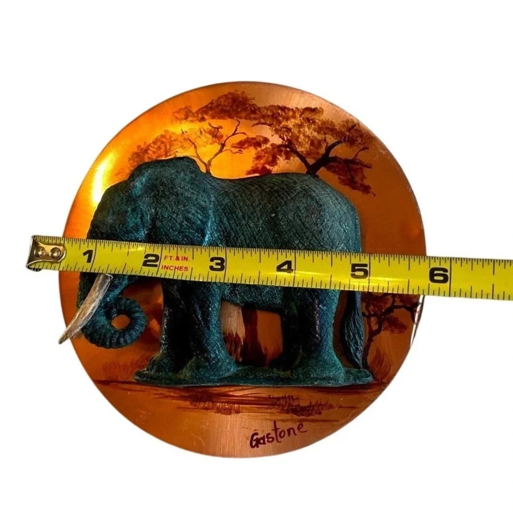 Gaston Signed Embossed Elephant 3D‎ Copper Art Plaque Wall Decor Vintage 6.5in